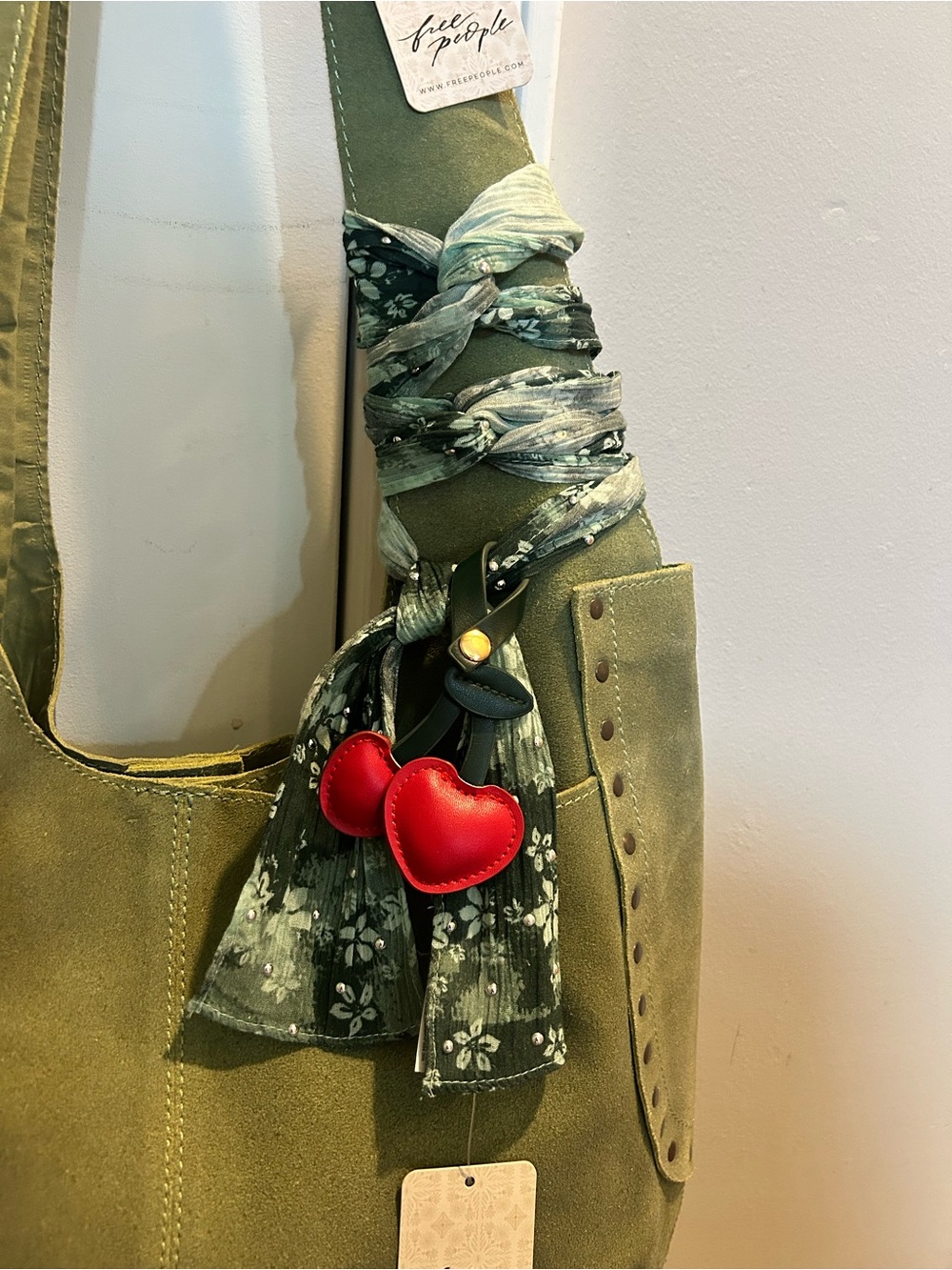 NWT Free People Matcha Rori Suede Tote  w/ FP Ultra Skinny Scarf & Cherry Charm - Picture 11 of 16